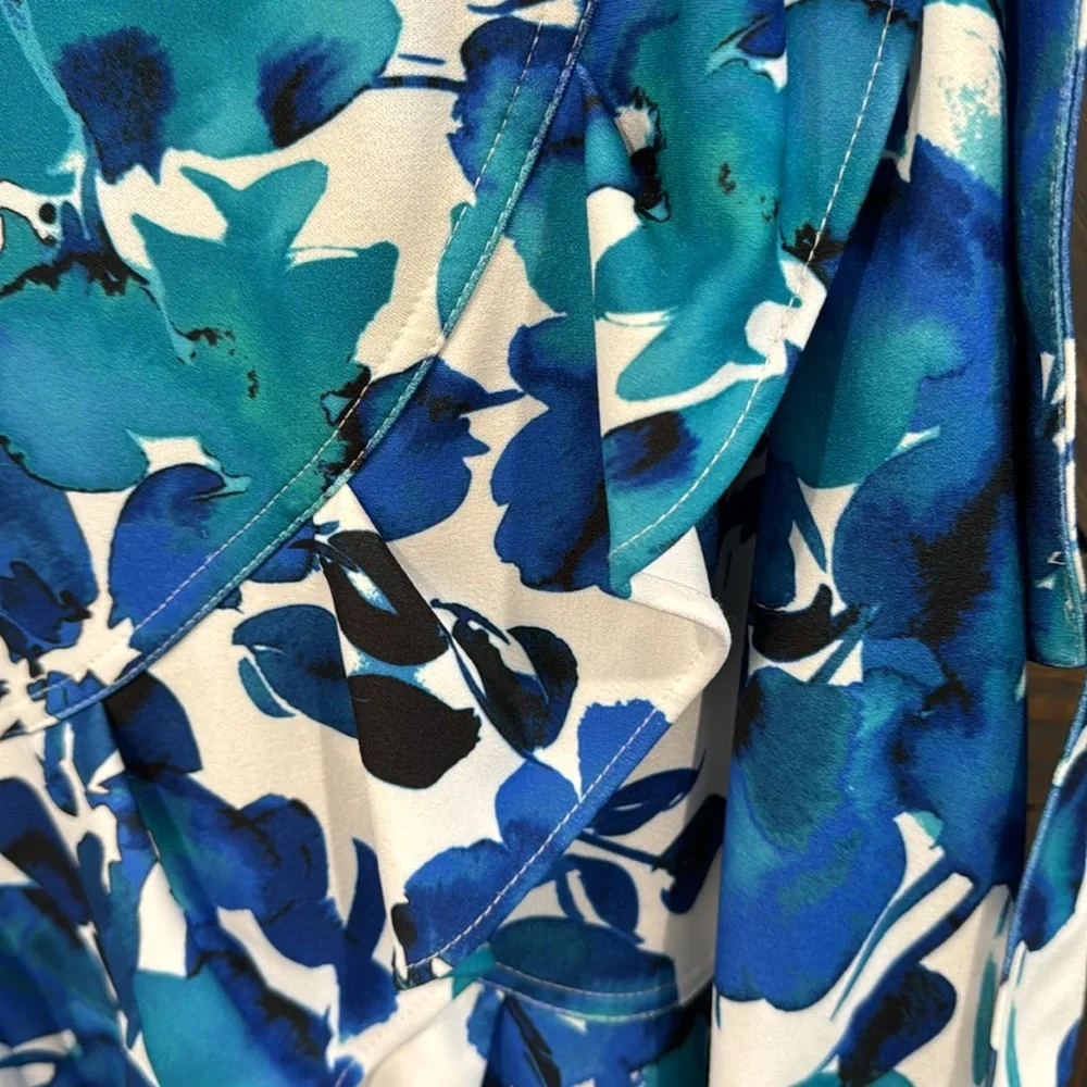 Calvin‎ Klein Women’s Short Sleeve Belted Blue Floral  Ruffle Hem Dress 20W NEW